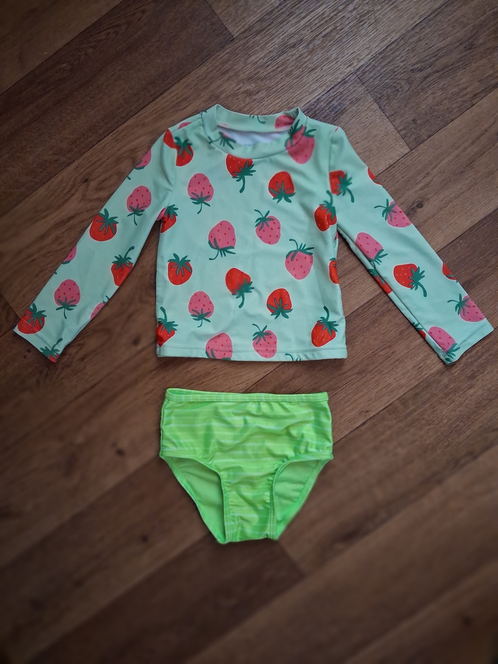 Kids Green Strawberry Rash Guard Set - Long Sleeve Swim Top & Green Bottoms
